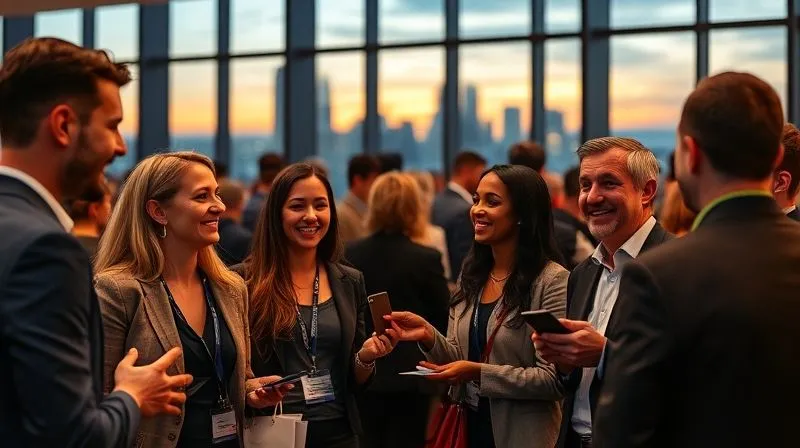 A photorealistic image of a diverse group of professionals networking at a modern, bright industry event. They are smiling, making eye contact, and exchanging business cards, with a backdrop of a city skyline at dusk visible through large windows. The scene is vibrant and energetic, conveying connection and opportunity. Cinematic lighting, sharp focus on the interactions, depth of field blurring the background crowd, 8K hyper-detailed, shot on a high-end DSLR.