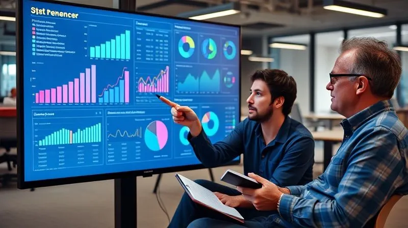 A photorealistic image of a freelancer and their mentor sitting in front of a large monitor displaying complex data visualizations: bar charts, line graphs, and pie charts showing revenue growth, client acquisition, and project completion rates. The mentor is pointing at a specific data point with a laser pointer, while the freelancer is nodding in understanding, holding a pen and notebook. The setting is a modern, collaborative workspace. Cinematic lighting, sharp focus on the data and their interaction, depth of field blurring the background office, 8K hyper-detailed, shot on a high-end DSLR.