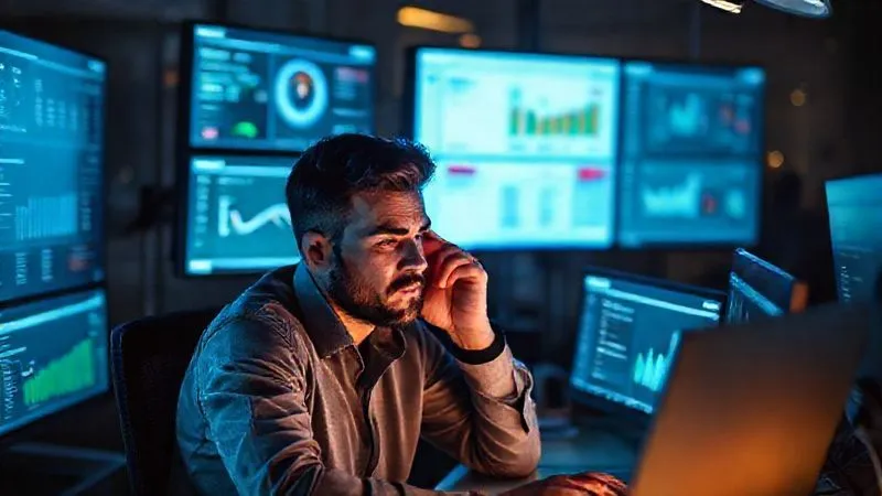 A photorealistic image of a freelancer, male or female, sitting at a desk late at night, surrounded by multiple glowing digital screens displaying various project dashboards and email inboxes. Their face is illuminated by the screens, showing signs of fatigue and stress, perhaps rubbing their temples. Cinematic lighting emphasizes the isolating and overwhelming nature of the scene, with sharp focus on the freelancer's tired expression and the blurred background conveying the chaos. 8K hyper-detailed, professional photography, shot on a high-end DSLR.