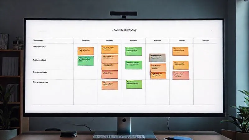 A photorealistic digital Kanban board displayed prominently on a large, high-resolution monitor in a modern home office setting. The board has clearly defined columns like 'To Do', 'In Progress', 'Review', and 'Done', with colorful, distinct project cards filling each column. The layout is clean and organized, with a minimalist aesthetic. Cinematic lighting highlights the screen, creating a sense of clarity and control. 8K hyper-detailed, professional photography, sharp focus on the digital board, shot on a high-end DSLR.