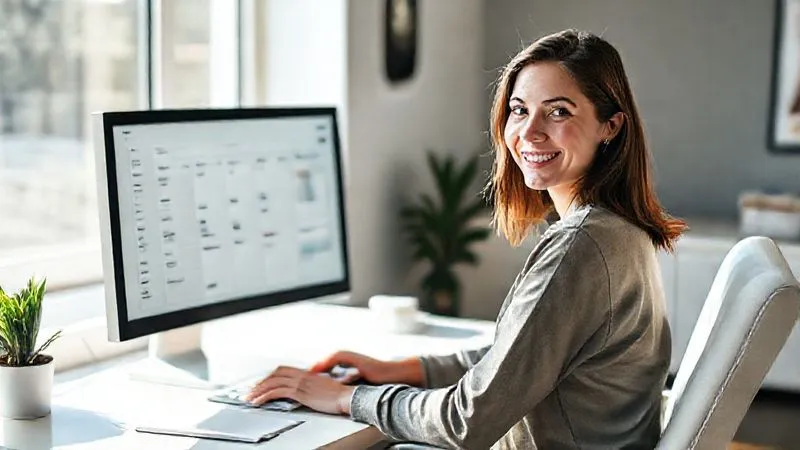 A photorealistic image of a calm, smiling female freelancer in her late 20s or early 30s, sitting comfortably at her modern, minimalist desk during daylight hours. She is looking directly at the viewer with a confident and relaxed expression. On her computer monitor, a clearly visible and neatly organized digital Kanban board is displayed, showing progress and order. Sunlight streams into the room, creating a bright and positive atmosphere. 8K hyper-detailed, professional photography, sharp focus on the freelancer's face and the screen, depth of field blurring the background, shot on a high-end DSLR.