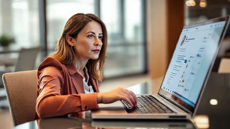 A photorealistic image of a professional woman, appearing thoughtful and focused, seated at a modern desk with a laptop open to a LinkedIn profile. Her hand is poised over the keyboard, suggesting a thoughtful message being composed. The background is a softly blurred office environment. Cinematic lighting, sharp focus on the woman and screen, depth of field, 8K hyper-detailed, professional photography, shot on a high-end DSLR.