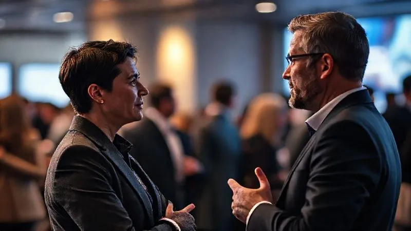 A photorealistic image of two professionals having a quiet, focused one-on-one conversation in a softly lit corner of a professional event. One person appears to be listening intently, while the other speaks with genuine interest. The background is slightly blurred, showing other attendees but emphasizing the intimate nature of the main interaction. Cinematic lighting, sharp focus on the two individuals, depth of field, 8K hyper-detailed, professional photography, shot on a high-end DSLR.