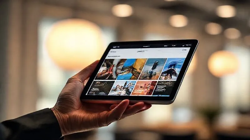 A photorealistic image of a sleek, modern tablet displaying a professional online portfolio with vibrant project examples. The tablet is held by a subtle, elegant hand in a professional setting, suggesting presentation. Cinematic lighting, sharp focus on the tablet screen, depth of field, 8K hyper-detailed, professional photography, shot on a high-end DSLR.