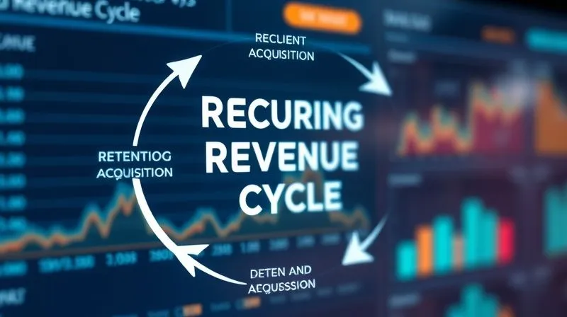 Photorealistic, professional photography, 8K, cinematic lighting, sharp focus, depth of field, shot on a high-end DSLR. A clean, modern infographic illustrating the concept of 'Recurring Revenue Cycle' with arrows showing continuous flow and growth, from client acquisition to retention and expansion, set against a backdrop of a digital dashboard. No text or logos in the image itself.
