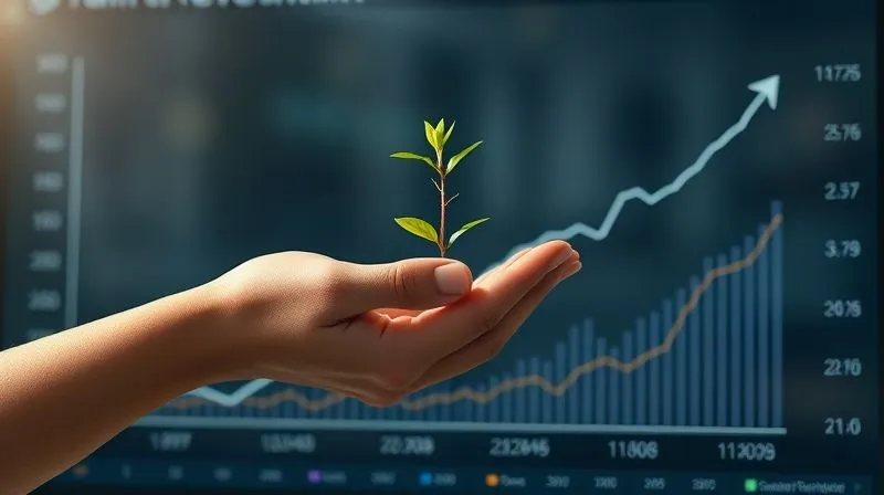 Photorealistic, professional photography, 8K, cinematic lighting, sharp focus, depth of field, shot on a high-end DSLR. A financial graph showing a steady, upward trend of recurring revenue over time, with clear, positive indicators and a sense of calm and control. A hand is gently placing a small plant on the graph, symbolizing growth and nurturing. Clean, modern aesthetic.