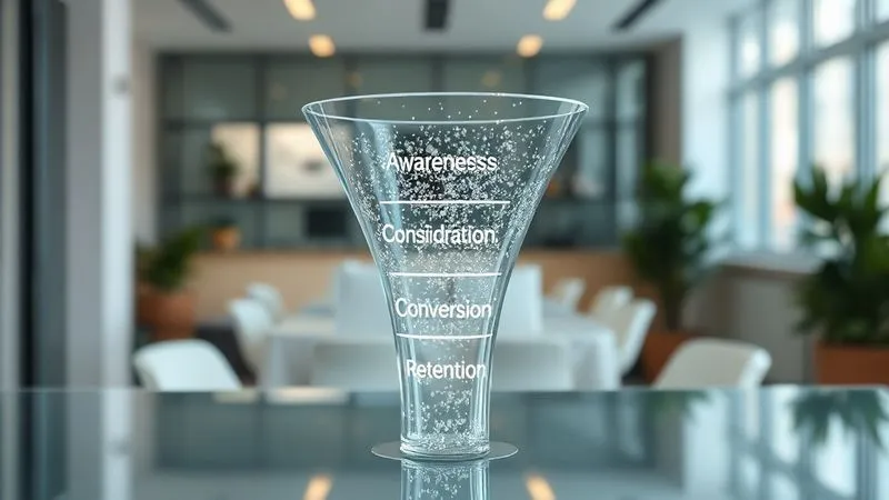 A photorealistic, professional photography image of a clear, elegant glass funnel, with distinct sections labeled 'Awareness', 'Consideration', 'Conversion', and 'Retention'. Small, glowing digital particles flow smoothly from the top to the bottom, representing customer journey. Cinematic lighting, sharp focus on the funnel structure, depth of field blurring a background of a modern, minimalist office. 8K hyper-detailed.