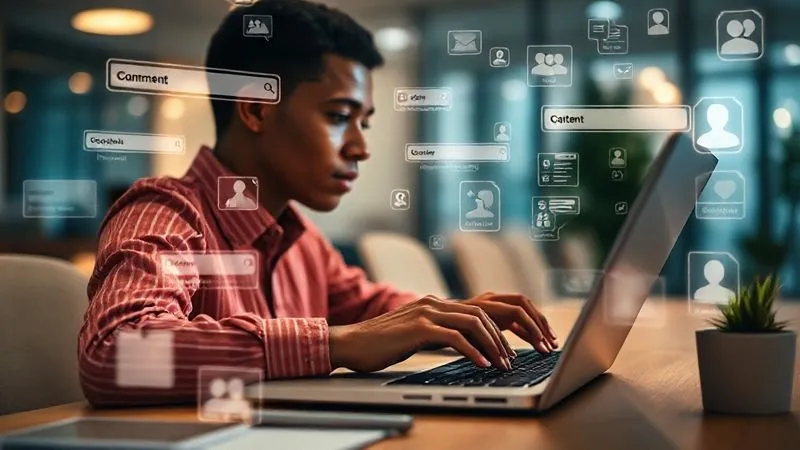 A photorealistic, professional photography image of a person (gender-neutral, diverse ethnicity) thoughtfully typing on a laptop, surrounded by glowing digital representations of search bars, social media icons, and content snippets. The background is a soft, blurred office environment with cinematic lighting. Sharp focus on the person and laptop, depth of field. 8K hyper-detailed.