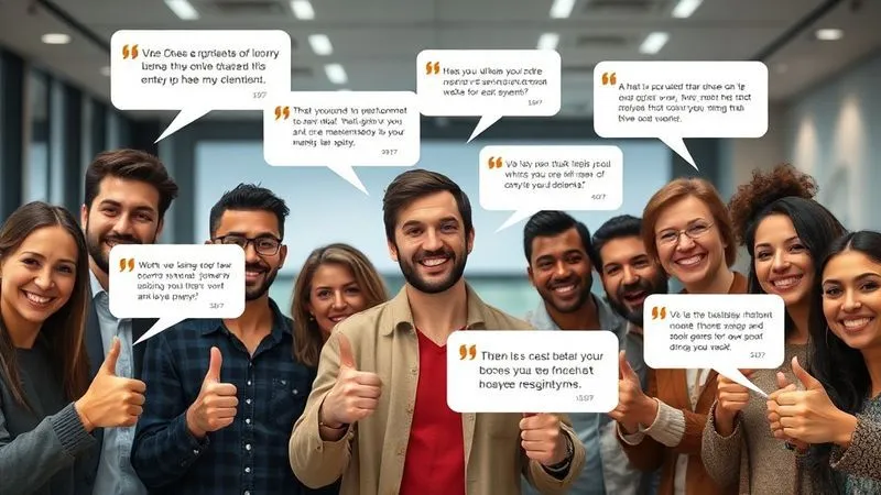 A photorealistic, professional photography image of a diverse group of people smiling and giving thumbs up, with speech bubbles containing positive testimonials floating around them. The background is a modern, clean interface with subtle lines connecting the testimonials to a central product or service. Cinematic lighting, sharp focus on the faces and testimonials, depth of field. 8K hyper-detailed.