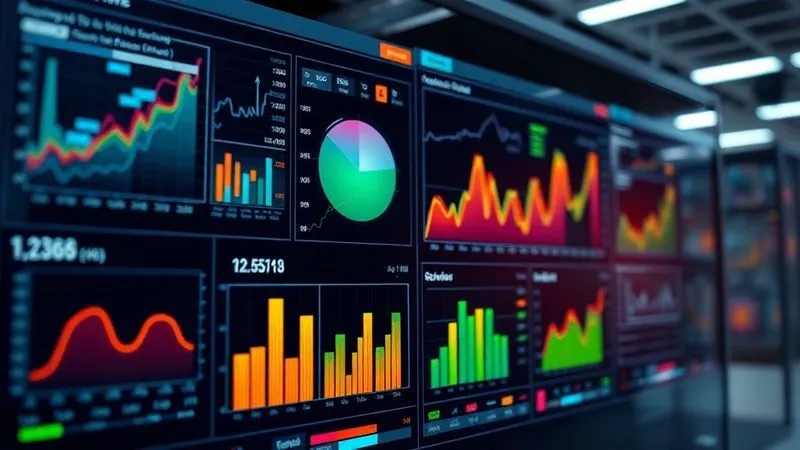 A photorealistic, professional photography image of a complex data dashboard displaying various graphs, charts, and key performance indicators (KPIs) like conversion rates, traffic sources, and revenue. The data is vibrant and easy to read, with a futuristic, holographic feel. Cinematic lighting, sharp focus on the dashboard, depth of field blurring a background of a modern data center. 8K hyper-detailed.