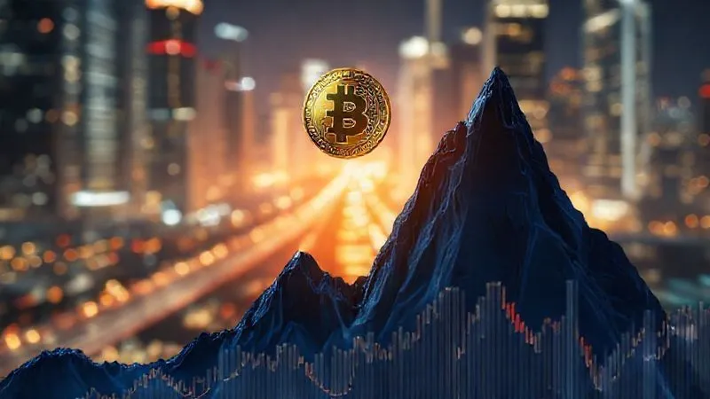 A photorealistic representation of a digital stock chart with extreme peaks and valleys, a single cryptocurrency coin balancing precariously on the highest peak, symbolizing volatility. The background is a blurred, fast-moving digital cityscape at night. Cinematic lighting, sharp focus on the coin and chart, depth of field. 8K hyper-detailed, professional photography.