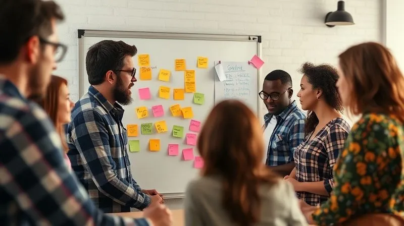 A photorealistic image of a diverse group of people engaged in a brainstorming session, sticky notes with ideas on a whiteboard, collaborative atmosphere, cinematic lighting, sharp focus on the whiteboard, depth of field, 8K, professional photography.