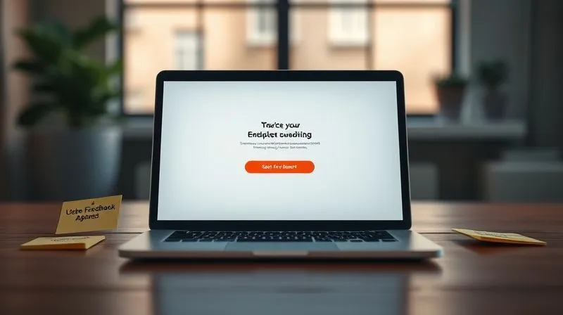 A photorealistic image showing a minimalist landing page design on a laptop screen, with a clear call to action button, surrounded by sticky notes with user feedback, cinematic lighting, sharp focus, depth of field, 8K, professional photography.
