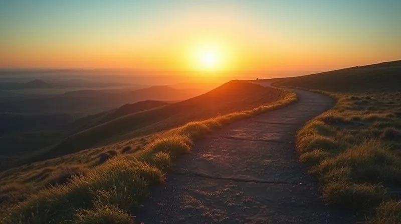 A photorealistic image of a path winding through a landscape, leading towards a bright horizon with a rising sun, symbolizing a successful startup journey for a freelancer, cinematic lighting, sharp focus, depth of field, 8K, professional photography.