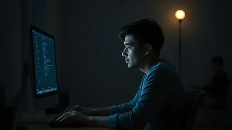 A photorealistic image of a person sitting alone in a dimly lit room, staring at a computer screen with a melancholic expression, representing isolation and lack of connection in remote work. Cinematic lighting, sharp focus on the person, depth of field blurring the background, 8K hyper-detailed, professional photography.