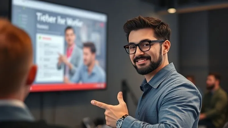 A photorealistic image of a person confidently presenting their work on a large screen to a small, attentive virtual team. The person has a proud and engaged expression, symbolizing ownership and autonomy. Cinematic lighting highlights the presentation, sharp focus on the presenter, depth of field blurring the virtual audience, 8K hyper-detailed, professional photography.