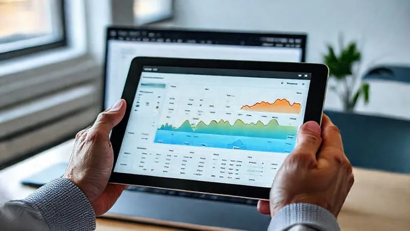 A photorealistic, professional photography, 8K, cinematic lighting, sharp focus, depth of field, shot on a high-end DSLR image of a person's hands holding a tablet displaying heatmaps and user session recordings data, with a laptop in the background showing Google Analytics. The scene is set in a modern, clean office environment, highlighting data analysis and UX research.