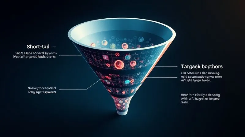 A photorealistic infographic showing a funnel, with a wide top representing 'short-tail keywords' and a narrow, highly converting bottom representing 'long-tail keywords'. The funnel is filled with highly targeted leads. Cinematic lighting, sharp focus, 8K hyper-detailed.