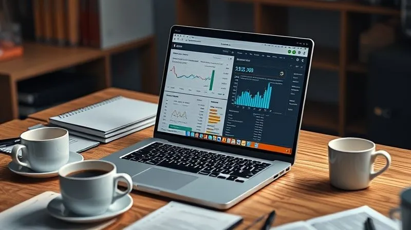 A photorealistic shot of a busy freelancer's desk, with a laptop open displaying a complex SEO tool interface (like Ahrefs or SEMrush), showing keyword research data, graphs, and competitor analysis. There are coffee cups and notes scattered around, indicating deep work. Cinematic lighting, sharp focus on the screen, 8K hyper-detailed.