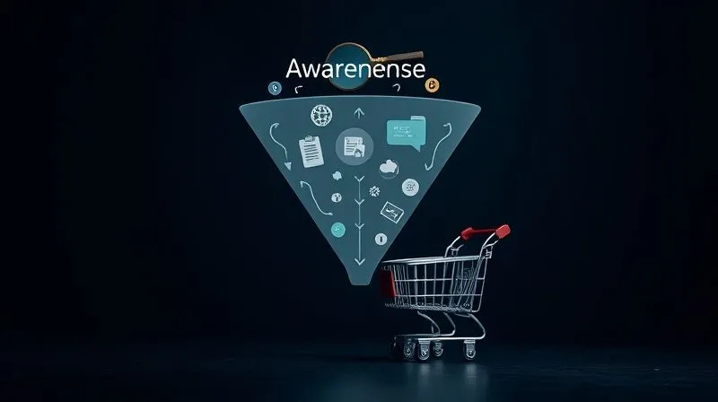 A photorealistic, professional photography, 8K, cinematic lighting, sharp focus, depth of field, shot on a high-end DSLR, showing a clear, elegant visual representation of a marketing sales funnel with distinct stages: Awareness (top, wide), Consideration (middle), and Decision (bottom, narrow). Each stage is filled with icons or subtle imagery representing content types (e.g., a magnifying glass for awareness, comparison charts for consideration, a shopping cart for decision), with arrows clearly indicating the flow downwards. The overall mood is strategic and insightful.
