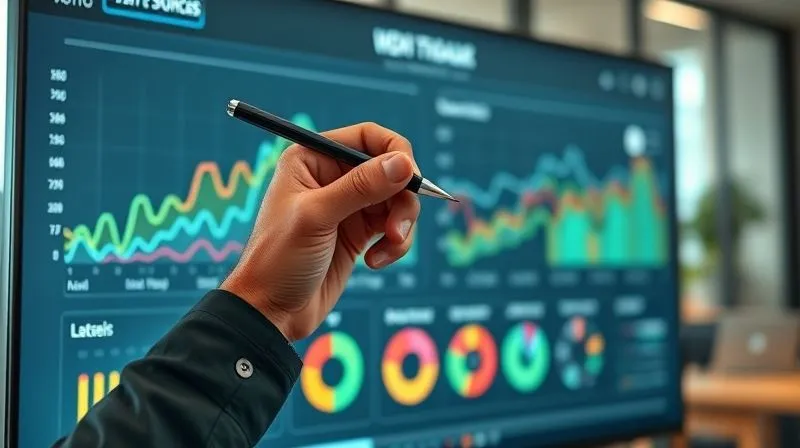 A photorealistic, professional photography, 8K, cinematic lighting, sharp focus, depth of field, shot on a high-end DSLR, showing a sleek, modern data dashboard on a large monitor. The dashboard features clear, colorful line graphs showing upward trends in website traffic and revenue, pie charts breaking down lead sources, and a prominent number indicating a high ROI. A hand with a pen is hovering over the screen, pointing to a key metric, suggesting analysis and insight. The background is a blurred, professional office environment.