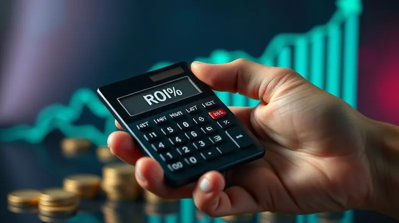A photorealistic, professional photography, 8K, cinematic lighting, sharp focus, depth of field, shot on a high-end DSLR, depicting a hand holding a calculator with a clear, positive ROI percentage displayed, while in the background, out of focus but visible, there's a growth chart with an upward trend and stacks of coins or currency, symbolizing financial gain. The mood is one of success and tangible results.