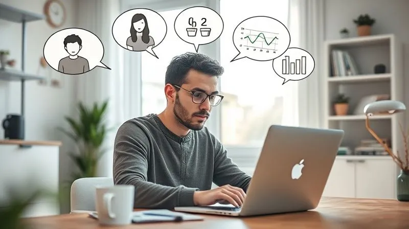 A photorealistic image of a freelancer working on a laptop in a modern, minimalist home office, with thought bubbles above their head showing user personas, data points, and market trends. The freelancer has a determined yet thoughtful expression, surrounded by natural light. 8K hyper-detailed, cinematic lighting, sharp focus, depth of field, professional photography, shot on a high-end DSLR.