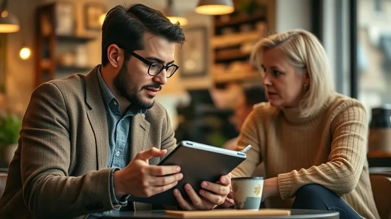 A photorealistic image of two people engaged in a deep conversation, one taking notes on a tablet, the other speaking animatedly, in a cozy coffee shop setting. The focus is on active listening and empathetic understanding. Cinematic lighting, sharp focus on their expressions, depth of field blurring the background, 8K hyper-detailed, professional photography, shot on a high-end DSLR.