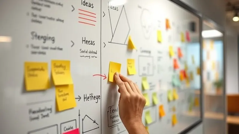 A photorealistic image of a whiteboard with various sticky notes, arrows, and diagrams representing ideas, feedback, and iterations. A hand is seen moving a sticky note, symbolizing the process of pivoting or refining. The setting is a modern, collaborative workspace. Cinematic lighting, sharp focus on the whiteboard, depth of field blurring the background, 8K hyper-detailed, professional photography, shot on a high-end DSLR.