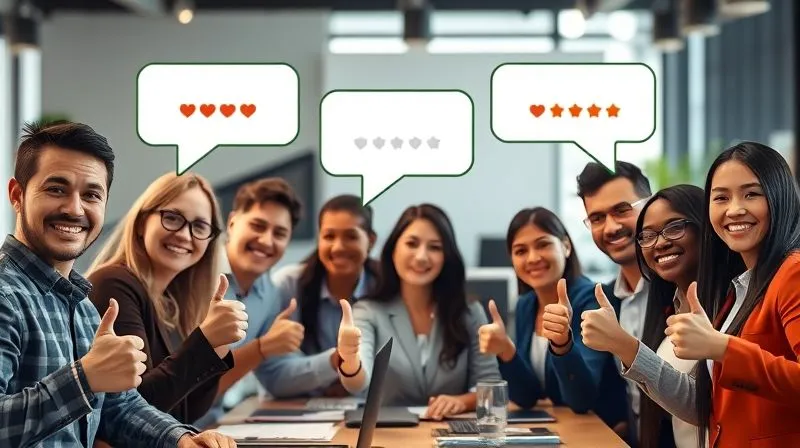 A photorealistic image of a diverse group of professionals, smiling and giving a thumbs-up gesture, with speech bubbles containing positive feedback, subtly overlaid on a blurred background of a freelancer's workspace. The scene uses cinematic lighting to emphasize credibility and trust. 8K hyper-detailed, shot on a high-end DSLR.