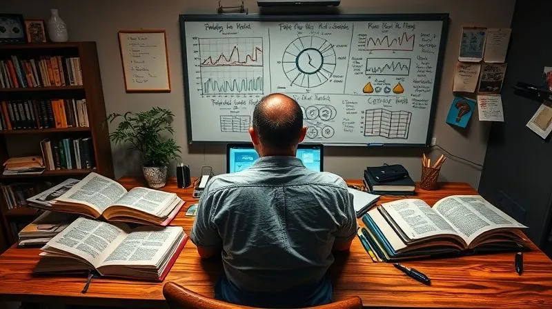 A photorealistic image of a person at a desk, surrounded by open books, a laptop displaying complex data, and a whiteboard filled with strategic notes, symbolizing deep thought and content creation. The scene is lit with cinematic lighting, emphasizing intellectual pursuit. 8K hyper-detailed, shot on a high-end DSLR.
