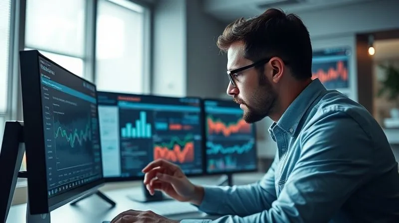 A photorealistic image of a person meticulously analyzing data on multiple screens, with charts and graphs, in a modern, minimalist office setting. The scene uses cinematic lighting to convey focus and strategic thinking. 8K hyper-detailed, shot on a high-end DSLR.