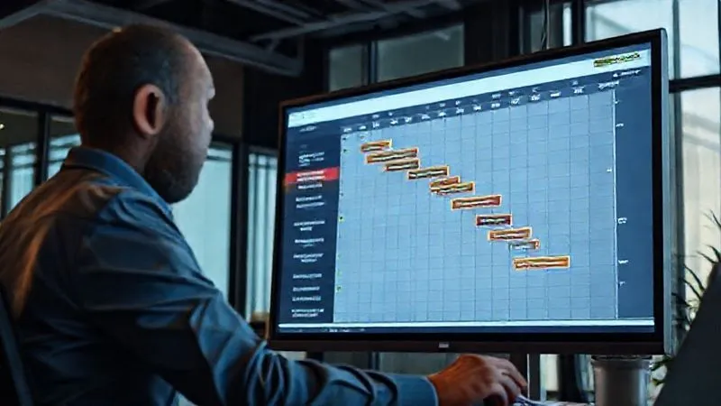 A photorealistic image of a professional project manager using a Gantt chart on a large screen, clearly showing project phases, milestones, and risk mitigation strategies. The atmosphere is calm and controlled, emphasizing strategic planning and reduced uncertainty. Cinematic lighting, sharp focus on the chart details, 8K hyper-detailed.