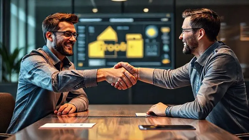 A photorealistic image of a freelancer and a client shaking hands across a table, both smiling, with a digital interface showing a successful project in the background. The atmosphere is collaborative and trustworthy, symbolizing a strong business partnership. Cinematic lighting, sharp focus on the handshake, 8K hyper-detailed.