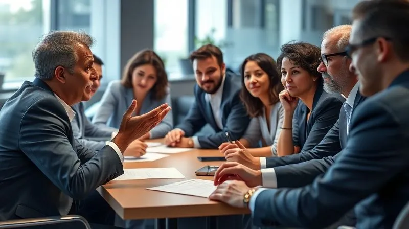 A photorealistic image of a diverse group of business professionals sitting around a table, captivated by a storyteller. One person is gesturing expressively, while others are leaning forward, showing deep engagement and emotional connection. Cinematic lighting, sharp focus on the faces and interaction, depth of field blurring the background. 8K hyper-detailed, professional photography.