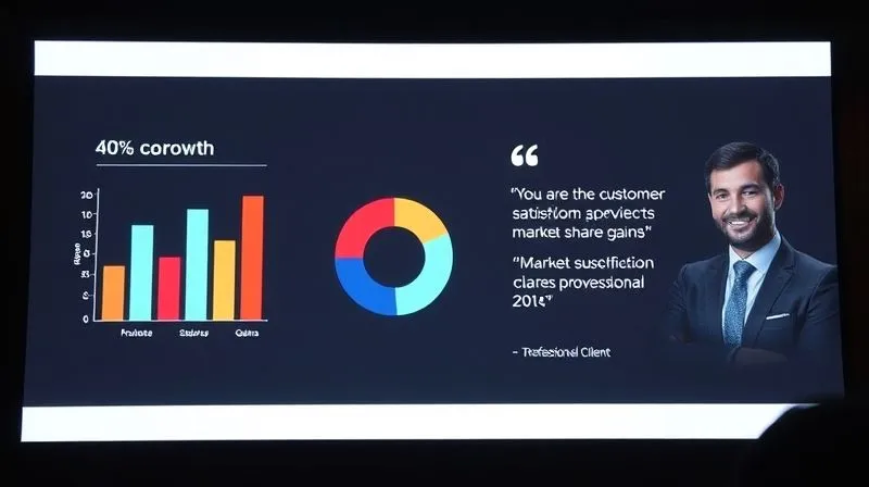 A photorealistic image of a sleek, modern presentation slide displaying compelling data visualizations, including a bar chart showing a 40% growth in customer satisfaction and a pie chart illustrating market share gains. On the right side of the slide, a testimonial from a smiling, professional client is prominently featured. The scene is bathed in cinematic lighting, with sharp focus on the data and testimonial, suggesting credibility and success. 8K hyper-detailed, professional photography.