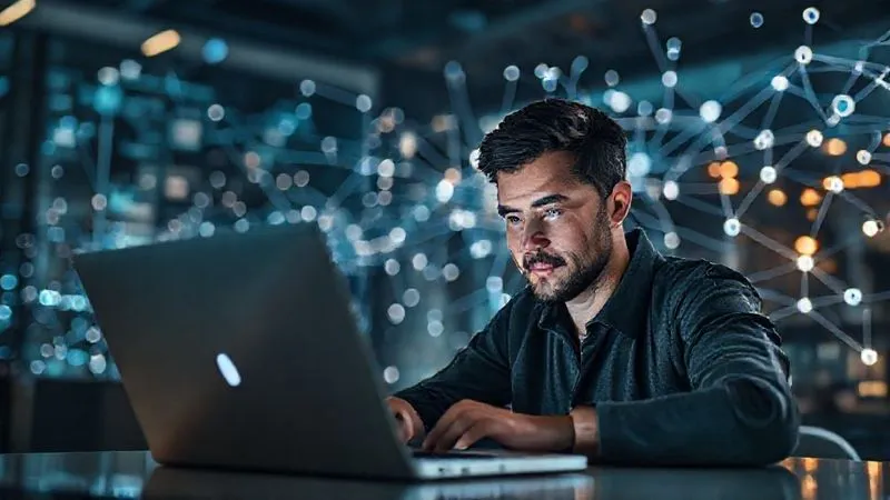 A photorealistic image of a freelancer looking confidently at a laptop screen, with subtle, glowing digital lines and nodes connecting to various applications and data points in the background, symbolizing an efficient, automated workflow. Cinematic lighting, sharp focus, depth of field, 8K hyper-detailed. Shot on a high-end DSLR.