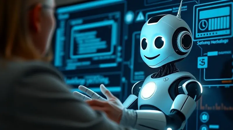 A photorealistic image of a friendly, glowing chatbot icon interacting with a customer on a digital screen, surrounded by a knowledge base interface. Cinematic lighting, sharp focus, depth of field, professional photography, 8K hyper-detailed.