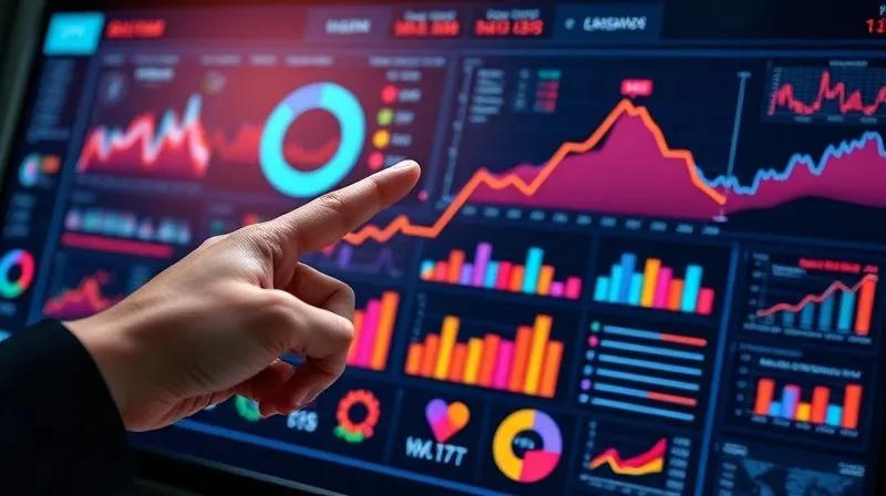 A photorealistic image of a sleek, futuristic digital dashboard displaying various graphs, charts, and key performance indicators (KPIs) in vibrant colors. A single hand points to a rising trendline, symbolizing data-driven growth. Cinematic lighting, sharp focus on the dashboard, depth of field. Shot on a high-end DSLR, 8K hyper-detailed.