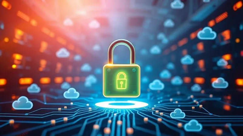 A photorealistic image of a glowing digital padlock protecting a fortress of interconnected data servers and cloud icons, symbolizing robust cybersecurity. Cinematic lighting, sharp focus, depth of field, professional photography, 8K hyper-detailed.