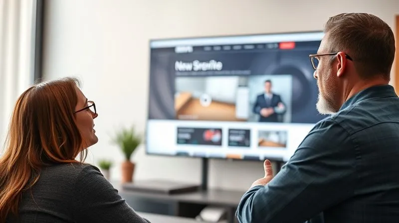 A photorealistic image of a client looking with awe at a high-fidelity digital mockup of their brand's new website displayed on a large screen, with the designer confidently explaining details beside them. The scene should convey trust, excitement, and a clear vision of the future. 8K, cinematic lighting, sharp focus on the mockup and client's expression, depth of field, shot on a high-end DSLR.
