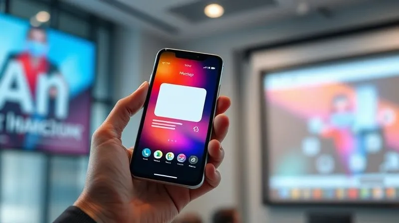 A photorealistic, highly detailed render of a sleek, modern smartphone displaying an interactive app mockup with vibrant colors and smooth animations. The phone is held by a hand in a professional setting, possibly a pitch meeting, with subtle reflections of a presentation screen in the background. 8K, cinematic lighting, sharp focus on the phone screen, depth of field, shot on a high-end DSLR.