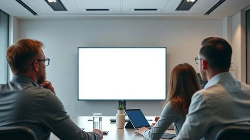 A photorealistic, professional photography of a designer presenting a high-fidelity mockup on a large, sleek monitor to a small group of attentive clients in a modern, well-lit conference room. The atmosphere should be professional and engaging, with soft, cinematic lighting highlighting the screen and the faces of the participants. 8K, sharp focus on the presentation, depth of field blurring the background, shot on a high-end DSLR.