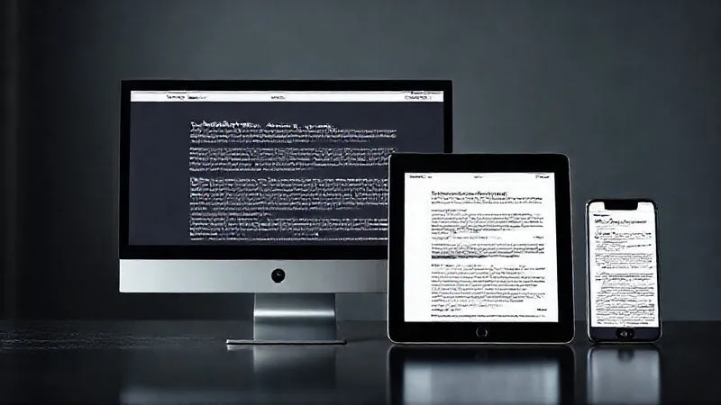 A photorealistic split-screen image showing the same web page content displayed on three different devices: a large desktop monitor, a tablet in portrait mode, and a smartphone. The typography elegantly adapts across all screens, demonstrating fluid scaling of font sizes, adjusted line heights, and optimized line lengths, maintaining perfect legibility and visual hierarchy. Professional photography, 8K, cinematic lighting, sharp focus on the screens, depth of field blurring the background, shot on a high-end DSLR.