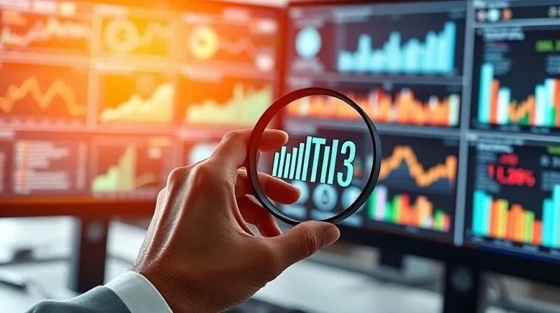 A photorealistic image of a person's hands meticulously analyzing various charts and graphs on multiple screens, with a magnifying glass hovering over a specific data point, in a modern, well-lit office. Cinematic lighting, sharp focus on the hands and screens, depth of field blurring the background, 8K hyper-detailed.