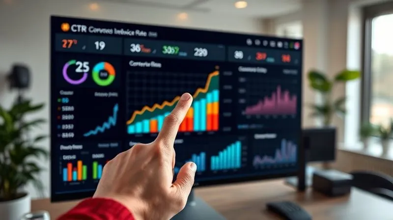 A photorealistic, professional photography, 8K, cinematic lighting, sharp focus, depth of field, shot on a high-end DSLR image of a digital marketing dashboard displaying various metrics like CTR, conversion rates, and bounce rate, with a hand pointing to a rising conversion graph. The setting is a modern, minimalist office.