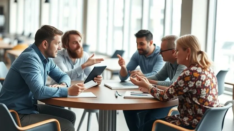 A photorealistic image of a diverse group of people engaged in a thoughtful discussion around a table, with open notebooks and digital tablets. One person is actively taking notes, while others are gesturing and expressing ideas. The setting is a bright, modern co-working space, with cinematic lighting and sharp focus on the group interaction, depth of field blurring the background, 8K hyper-detailed.