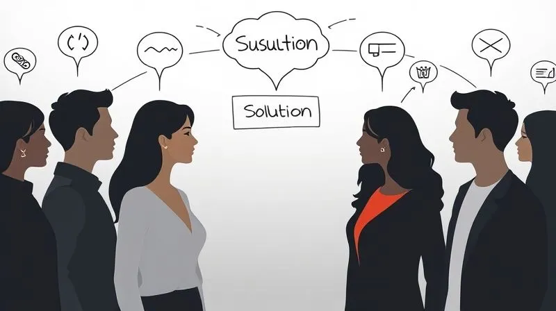 Photorealistic, professional photography, 8K, cinematic lighting, sharp focus, depth of field, shot on a high-end DSLR. A diverse group of stylized customer personas represented by abstract icons or silhouettes, each with a thought bubble above their head illustrating a distinct pain point or desire. The background is a clean, modern whiteboard with connection lines between the personas and a central 'solution' idea. The lighting is soft and analytical, conveying clarity and insight.