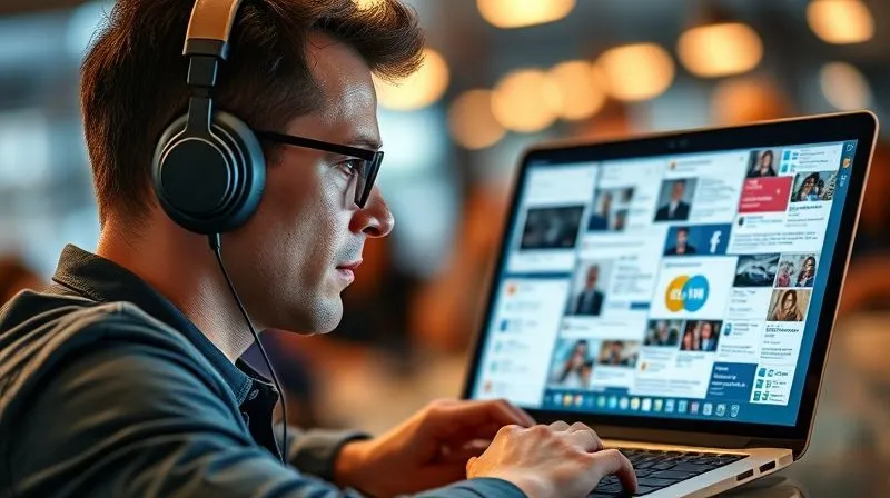 Photorealistic, professional photography, 8K, cinematic lighting, sharp focus, depth of field, shot on a high-end DSLR. A person intently listening to headphones, with a laptop open displaying a collage of social media feeds, forum discussions, and survey results. The background is slightly blurred but suggests a vibrant online community, emphasizing the act of 'listening' to digital conversations to gather market insights. The lighting is focused on the person's face, showing deep concentration.