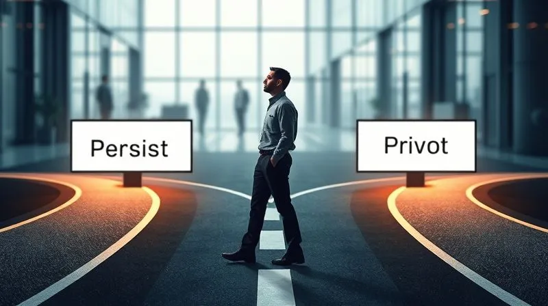Photorealistic, professional photography, 8K, cinematic lighting, sharp focus, depth of field, shot on a high-end DSLR. A person standing at a crossroads, one path clearly labeled 'Persist' and the other 'Pivot', both paths illuminated by a soft, hopeful light. The person is looking thoughtfully at the 'Pivot' path, with a sense of calm determination rather than defeat. The background is a slightly blurred, modern office landscape, symbolizing business decisions. The lighting emphasizes the clarity of choice and the future potential.